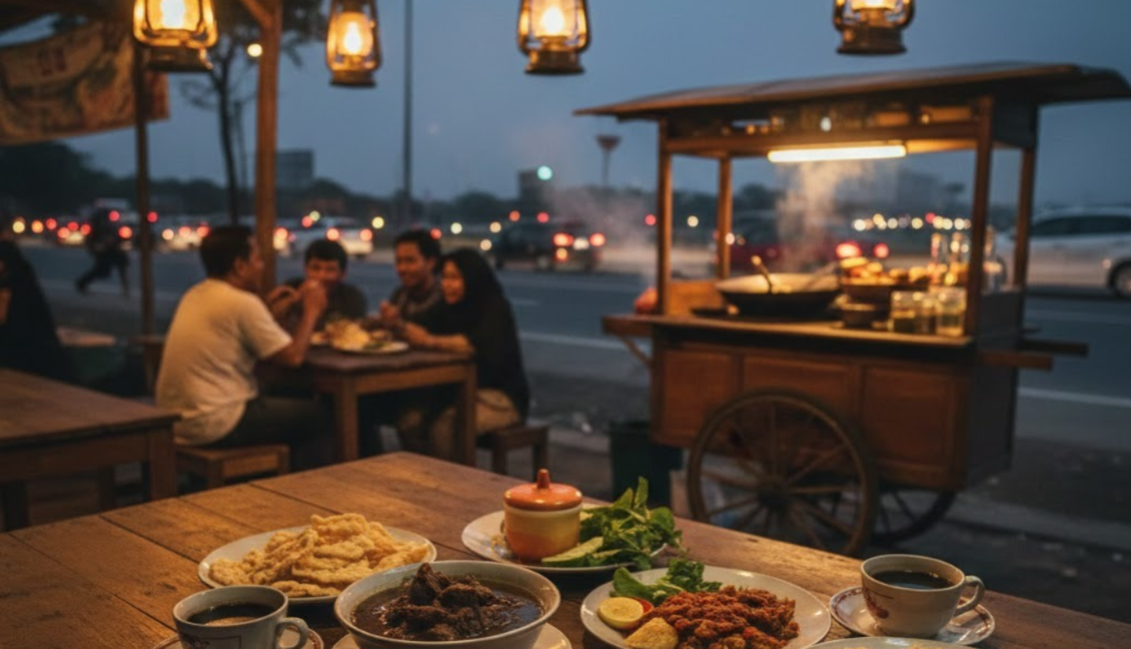 Meja kayu dengan hidangan kuliner tradisional Indonesia seperti nasi goreng, sate, sup, dan kerupuk di sebuah warung pinggir jalan jalur Pantura pada malam hari. Beberapa orang terlihat makan di bawah lampu gantung minyak hangat di gerobak makanan kayu tradisional dengan latar belakang jalan raya yang ramai dengan lampu kendaraan.