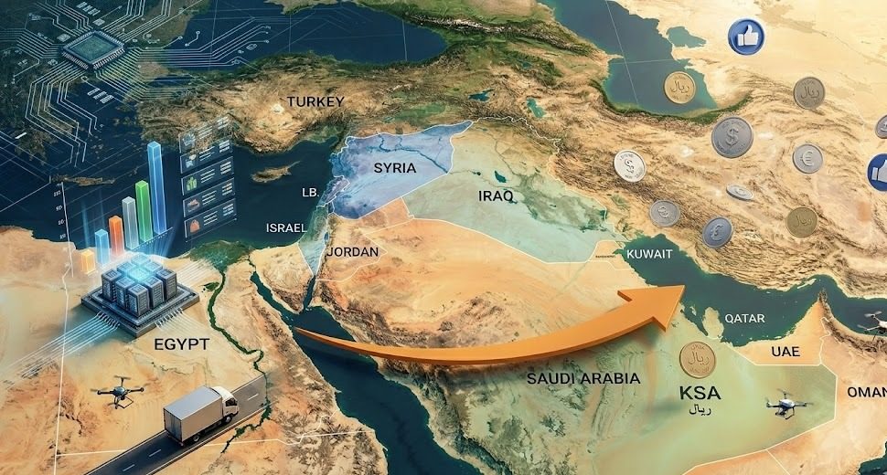 Ilustrasi peta Timur Tengah menunjukkan hubungan antara ketegangan geopolitik, jalur logistik pelayaran, dan fluktuasi mata uang global terhadap harga pangan.