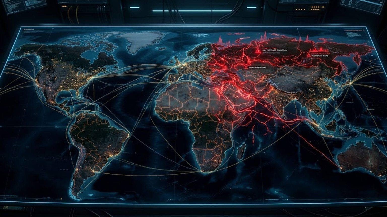 Peta digital global yang menunjukkan zona konflik dan gangguan jaringan di Eurasia, menggambarkan ketegangan geopolitik yang berdampak pada ekonomi dunia.