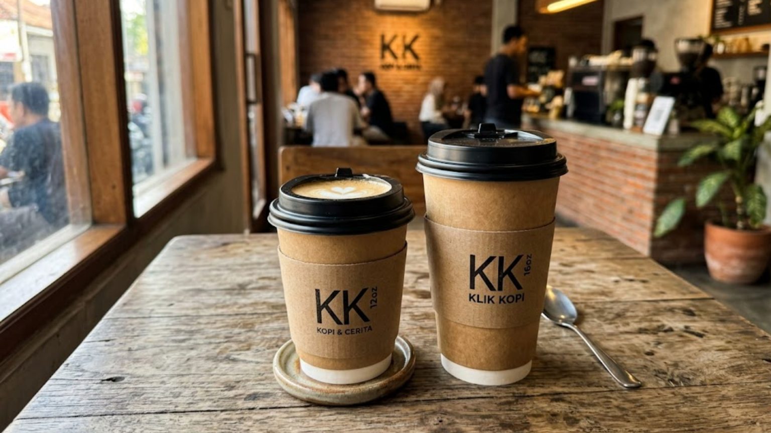 Dua cup kopi kertas (paper cup) ukuran 12oz dan 16oz dengan desain 'Kopi & Cerita' dan 'Klik Kopi' di atas meja kayu kafe yang hangat.