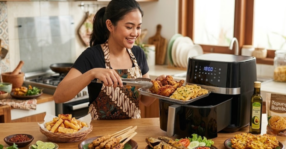 Seorang wanita tersenyum mengenakan celemek batik sedang menyajikan ayam goreng dan tempe goreng renyah dari mesin air fryer hitam modern di dapur.