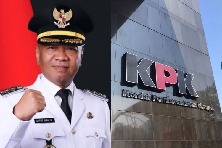 Kolase foto Bupati Tulungagung Gatut Sunu berseragam dinas dan logo gedung Komisi Pemberantasan Korupsi (KPK) di Jakarta, terkait kasus OTT.